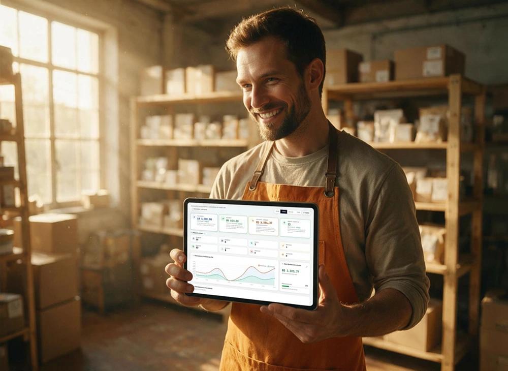Produtor conferindo pedidos e estoque pelo tablet no depósito
