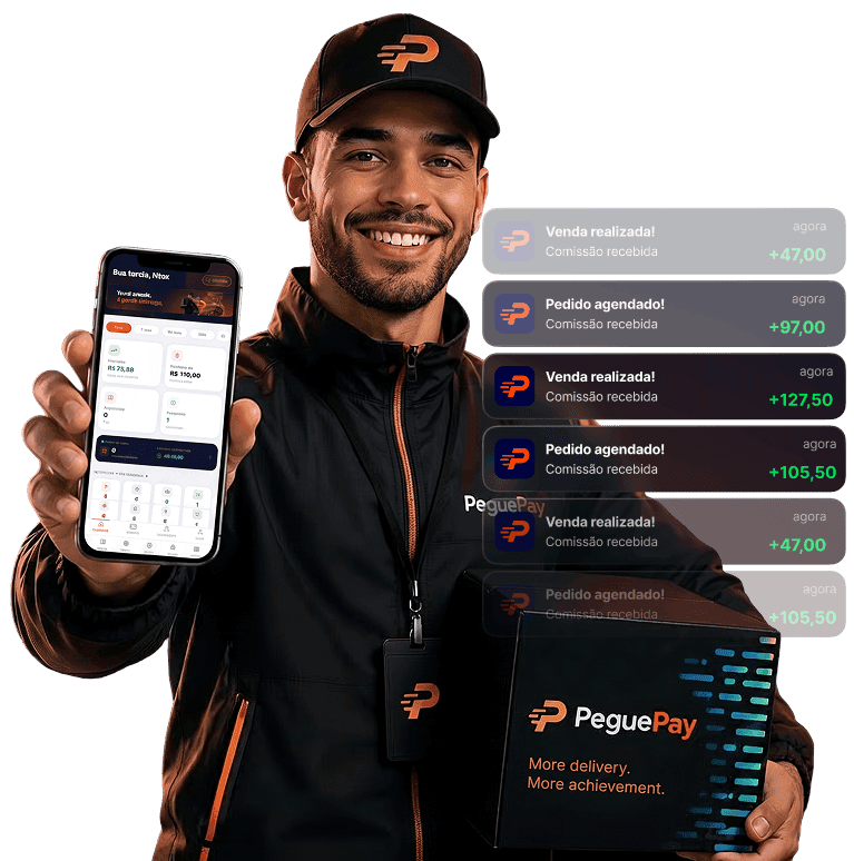 Entregador PeguePay com o aplicativo mostrando notificações de comissão